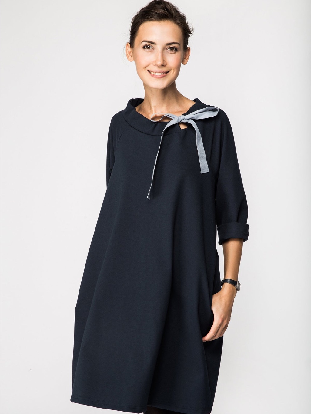Lemuse French Navy Blue A-Line Dress W/ Ribbon Accent & Pockets Size Xl